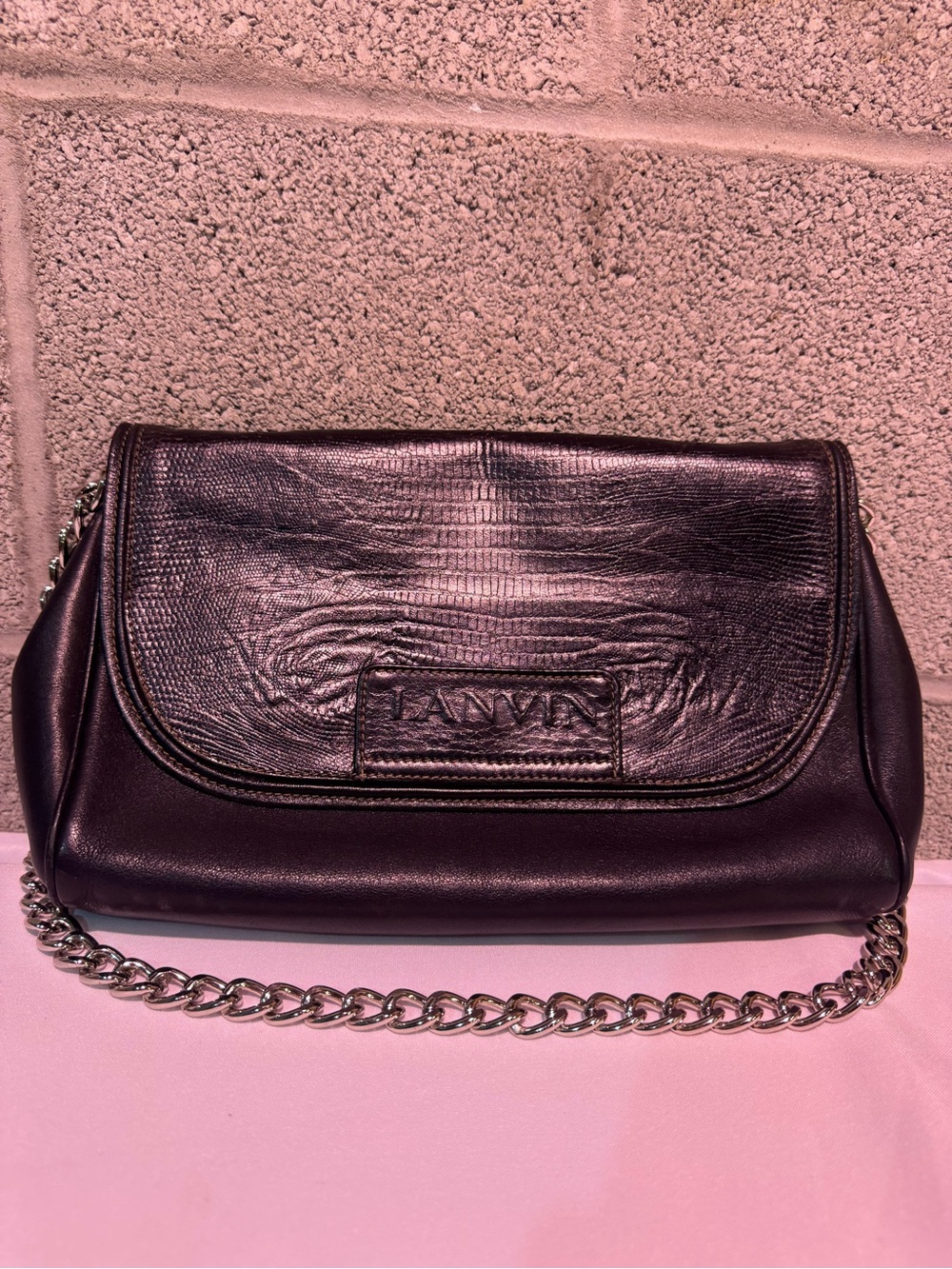 Vintage Lanvin Paris Embossed Leather Flap Chain Shoulder Bag